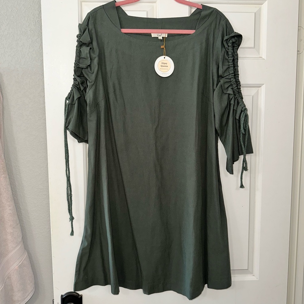 easel Olive Green Ruched Sleeve A-Line Dress